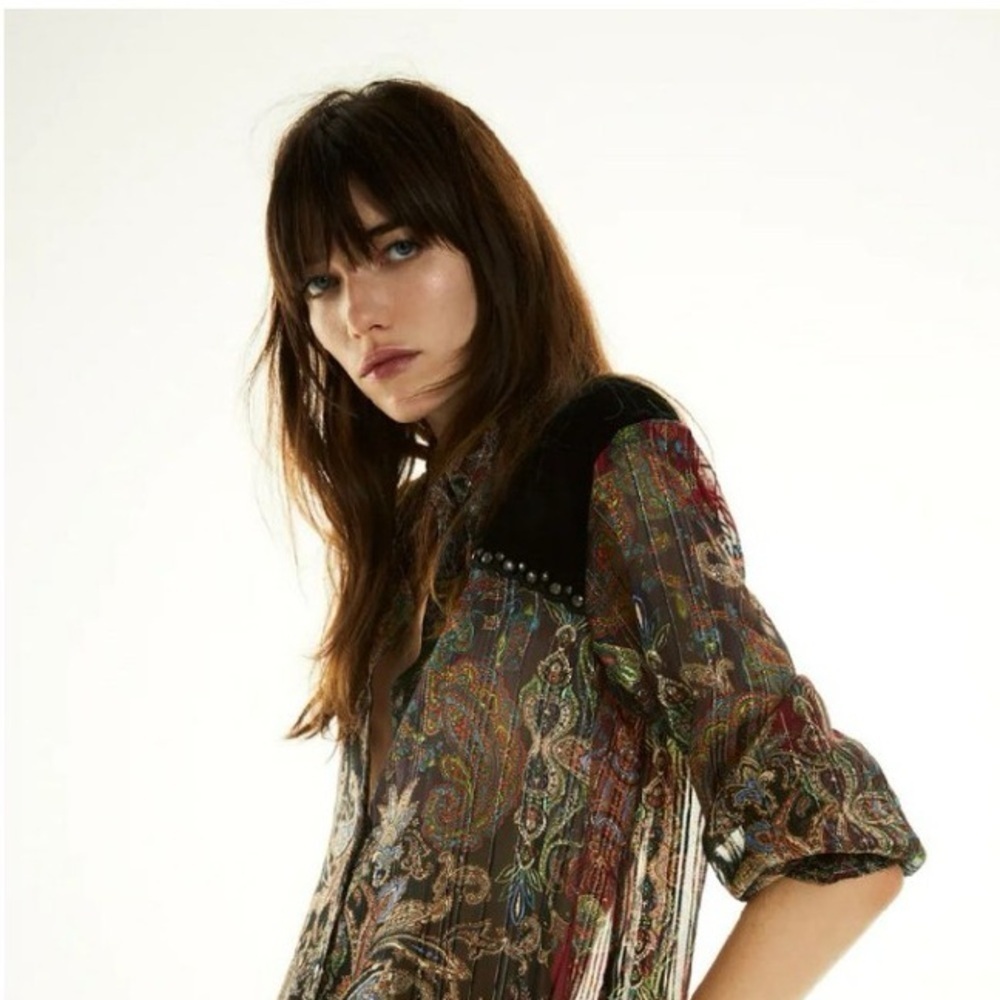 NWT Zara Paisley Printed Velvet Studded Blouse Multicolor Metallic Thread Rare - Picture 6 of 6